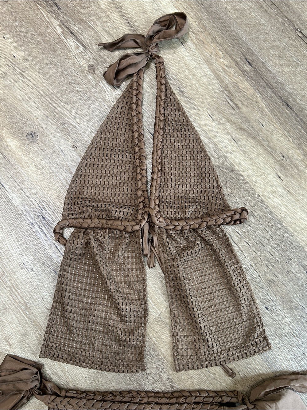 Brown Crochet Two-Piece Halter Top & Shorts Set - Picture 2 of 11